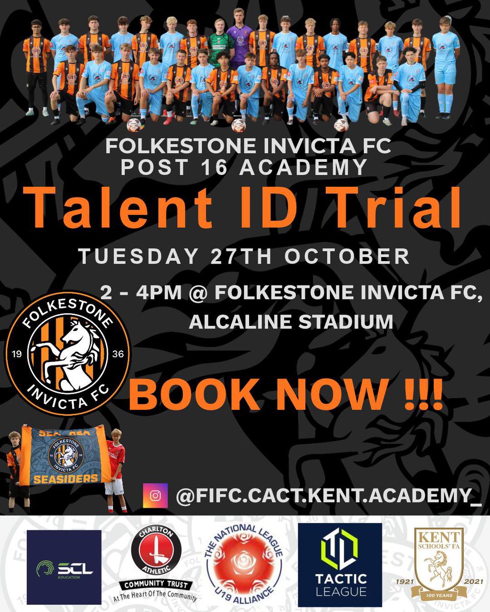 CACTKent_Post16's tweet photo. Folkestone Invicta FC Academy Talent ID
Excited to announce our upcoming recruitment event on Tuesday 27th October.
Book your place now :- https://t.co/6RDZskJG1j…
Are you next???
@FIFC @FSD_CACT
#Academy #FIFC #CACT #Environment #PlayerDevelopment #Opportunities #Pathway https://t.co/1pcZVgOqgL