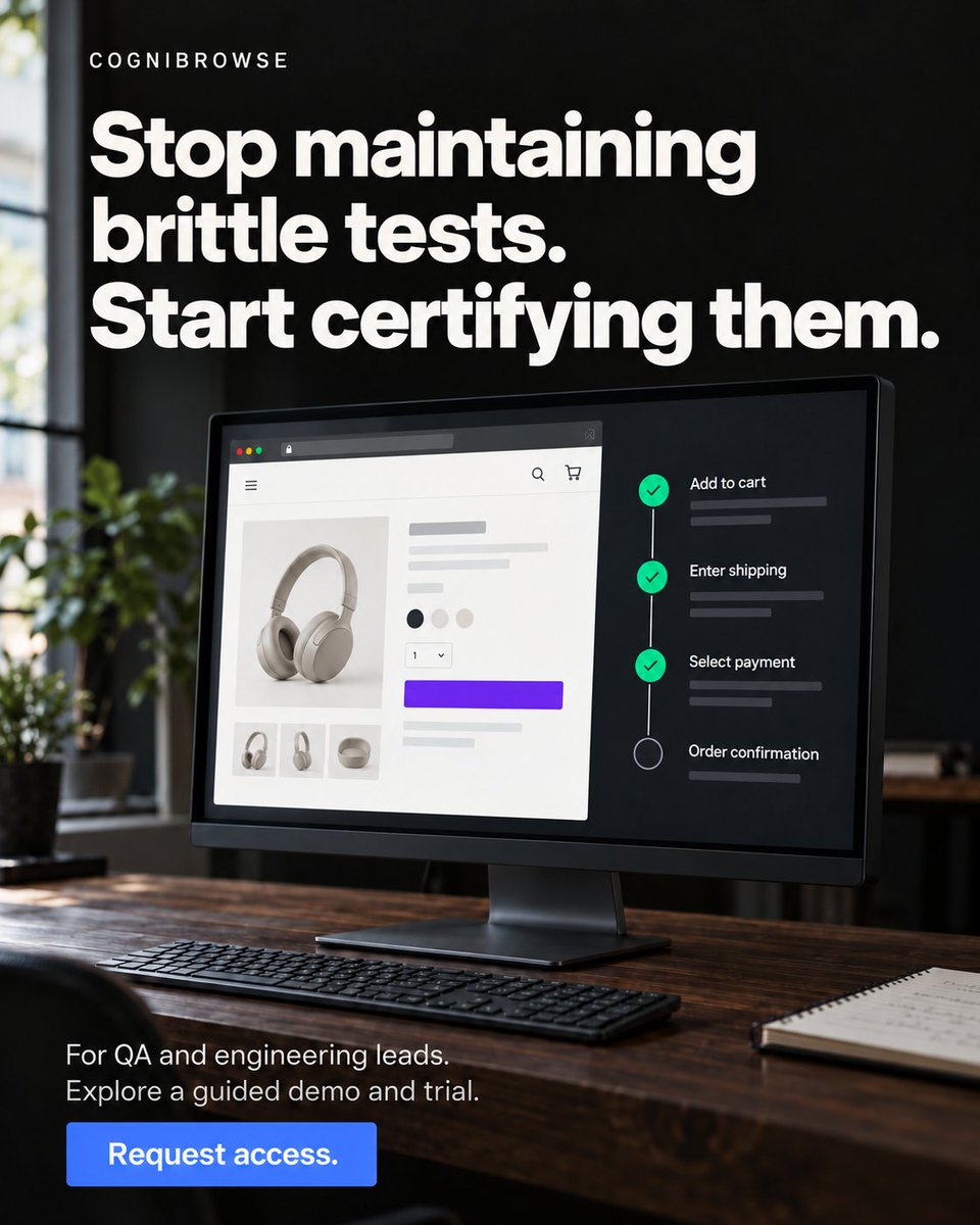 Cogni_Browse's tweet photo. Stop maintaining brittle tests.
Certify the journey. Verify the outcome. Replay it reliably.
Less test maintenance. Faster debugging. More confidence in every regression run.
#TestAutomation #QA #SoftwareTesting #Cognibrowse https://t.co/OiSHZWilND