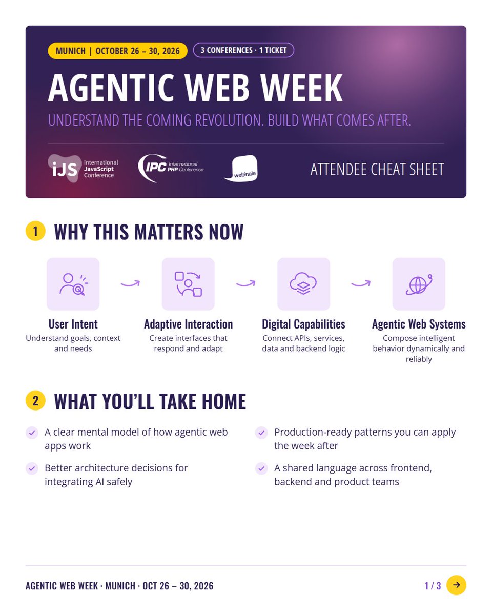 JavaScriptCon's tweet photo. 🚀 The countdown is ON! Agentic Web Week Munich 2026 starts on MONDAY! 🔥

🎟️ Don’t miss out! Secure your spot today:
👉 https://t.co/m4WEfaLo2J
👉 https://t.co/51AMFsPSfX

🎤 Meet our Munich 2026 speakers:
Henning Fries · Michael Dowden · Lianne P. · Tamar Stern · Nairi Harutyunyan · Guilherme Dalla Rosa · Kathryn Grayson Nanz · Ines Akrap · Christian Wenz · Nir Kaufman · Manfred Steyer · Christian Kuhn · Anna Iarinovskaia · Jorge Antonio Ramírez Padilla · Stefan Priebsch · Volker Dusch · Sebastian Bergmann · Rainer Hahnekamp · Arne Blankerts · Jeff Watkins · Katerina Karagianni · Lamis Chebbi · Selam Moges · Roberto Gallea · Thomas Bley · Fabian Gosebrink · Keyvan Minoukadeh · Marcus Bointon · Nikita Golovko · Tobias Schlitt · Joana Cerejo · Pauline Vos · Sylwia Laskowska · Vincent Amstoutz · Susana Hernandez-Toro · Mina Oeller · Sascha Lehmann · Gil Fink

#JavaScript #AgenticAI #WebDevelopment #Frontend #iJSConference