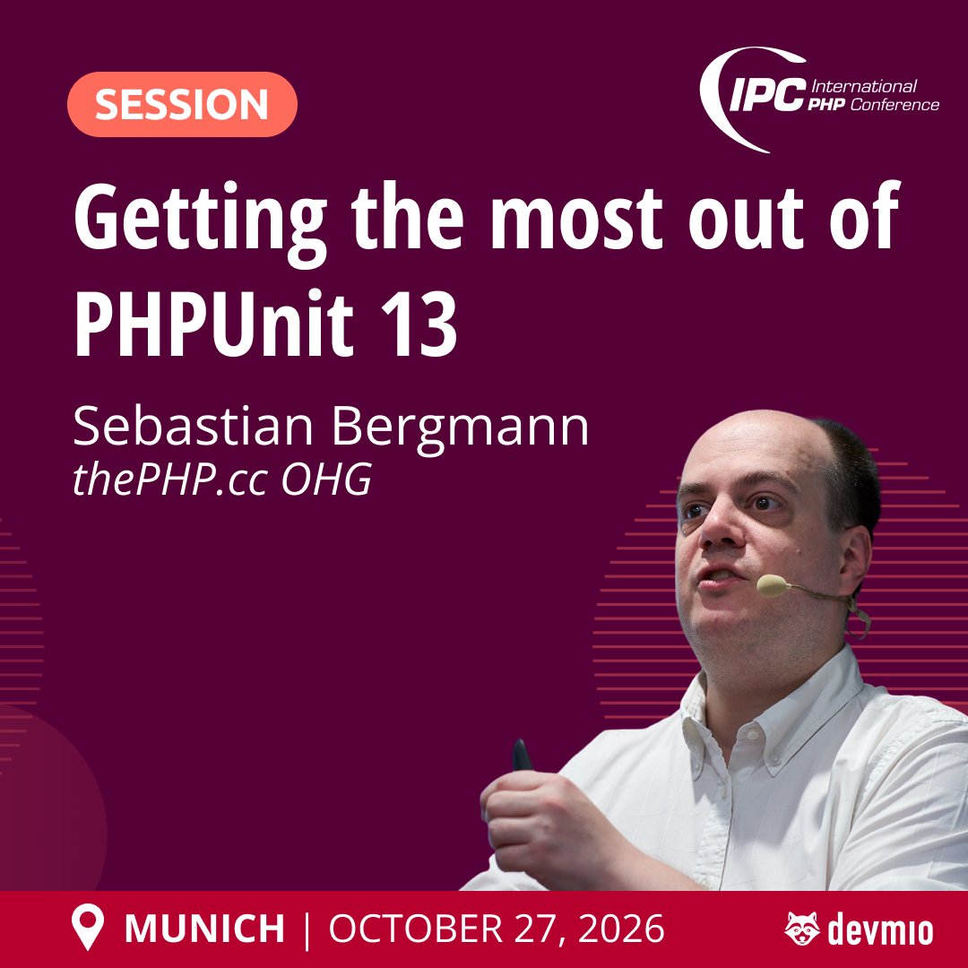 phpconference's tweet photo. 🧪 Ready for PHPUnit 13?
At #IntPHPcon Munich, part of Agentic Web Week, Sebastian Bergmann shows you how to:
⚠️ Handle deprecations
🔄 Upgrade smoothly
🚀 Prep for PHPUnit 14
📅 Tuesday, October 27, 2026 | 🕘 14:15 - 15:00 | 📍 Munich
🔗 https://t.co/n53vjQneYR
#PHP #PHPUnit https://t.co/OE8zX6Kdem