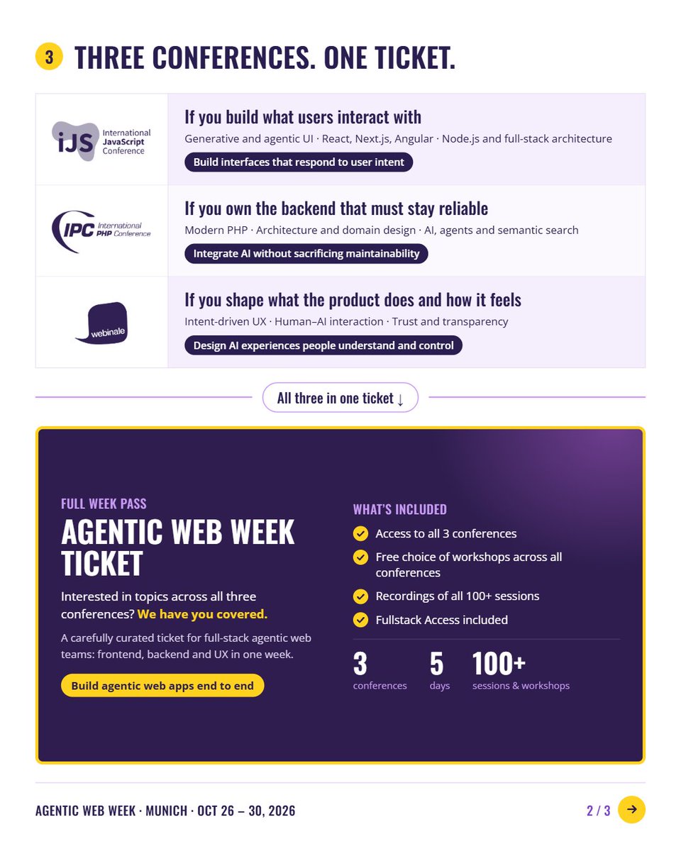 JavaScriptCon's tweet photo. 🚀 The countdown is ON! Agentic Web Week Munich 2026 starts on MONDAY! 🔥

🎟️ Don’t miss out! Secure your spot today:
👉 https://t.co/m4WEfaLo2J
👉 https://t.co/51AMFsPSfX

🎤 Meet our Munich 2026 speakers:
Henning Fries · Michael Dowden · Lianne P. · Tamar Stern · Nairi Harutyunyan · Guilherme Dalla Rosa · Kathryn Grayson Nanz · Ines Akrap · Christian Wenz · Nir Kaufman · Manfred Steyer · Christian Kuhn · Anna Iarinovskaia · Jorge Antonio Ramírez Padilla · Stefan Priebsch · Volker Dusch · Sebastian Bergmann · Rainer Hahnekamp · Arne Blankerts · Jeff Watkins · Katerina Karagianni · Lamis Chebbi · Selam Moges · Roberto Gallea · Thomas Bley · Fabian Gosebrink · Keyvan Minoukadeh · Marcus Bointon · Nikita Golovko · Tobias Schlitt · Joana Cerejo · Pauline Vos · Sylwia Laskowska · Vincent Amstoutz · Susana Hernandez-Toro · Mina Oeller · Sascha Lehmann · Gil Fink

#JavaScript #AgenticAI #WebDevelopment #Frontend #iJSConference