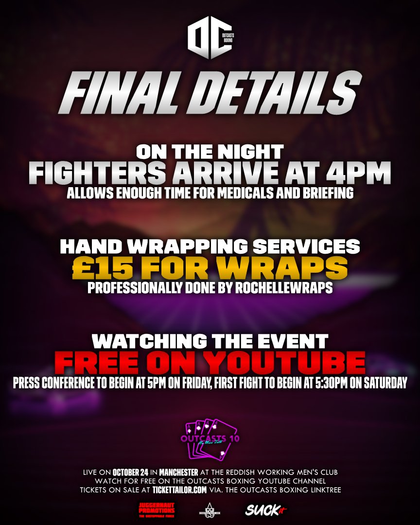 OutcastsBoxing's tweet photo. Some final details for Outcasts 10: No More Talk 🥊

🗓️ 24th October 2026
📍 Manchester, United Kingdom
🎟️ https://t.co/3TtVDZATcH https://t.co/A8i8q2tSDT