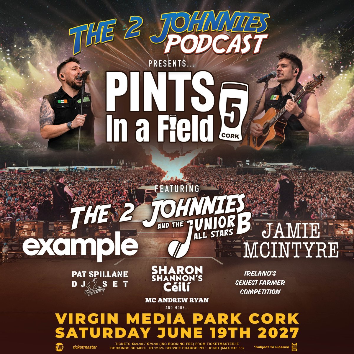 TicketmasterIre's tweet photo. 🌾 @the2johnnies have announced that they will bring their outdoor extravaganza 'Pints In A Field 5' to Virgin Media Park, Cork on Saturday 19 June 2027.

Special guests include Example, Jamie McIntyre, Sharon Shannon’s Big Ceilí and legendary Kerry footballer Pat Spillane and more!

🎫 Tickets on sale Friday 30 October at 10am https://t.co/GnxxJHpQhb