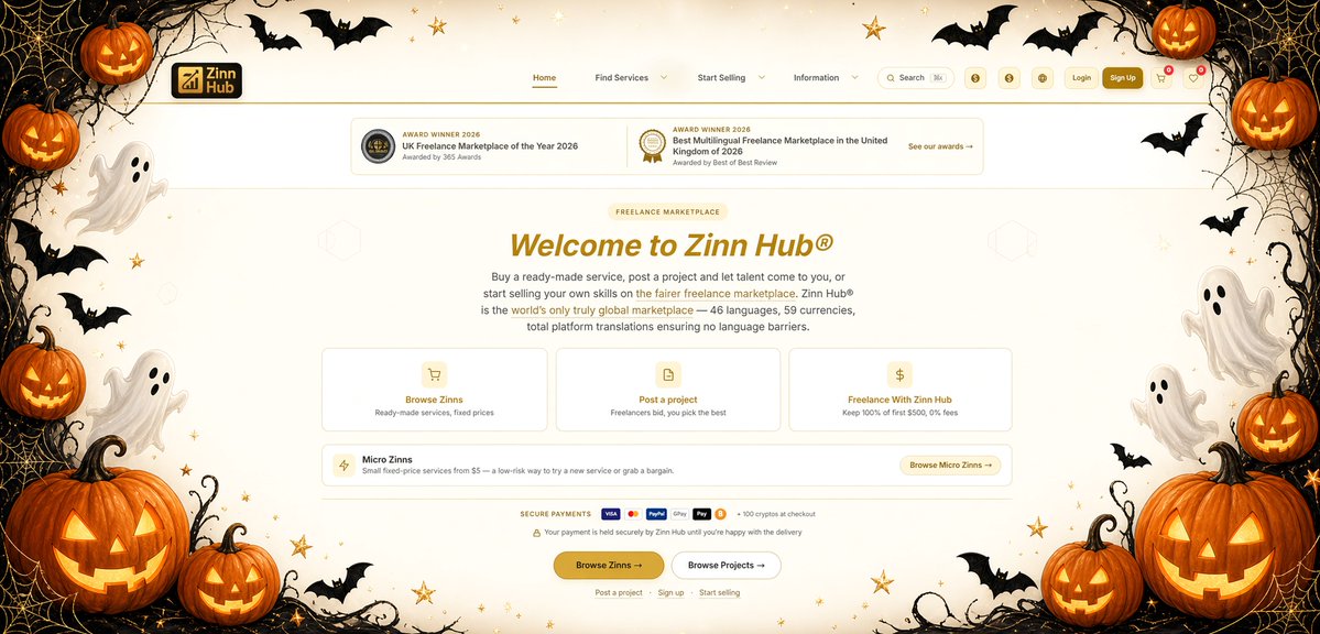zinnhub's tweet photo. Halloween’s nearly here, but hiring a freelancer doesn’t have to be a horror show 🎃
Zinn Hub is a global freelance marketplace built to simplify that. 
You can browse ready-made services at fixed prices, or post a project and let freelancers bid. It supports 46 languages and 59 currencies, so you can work with talent from almost anywhere without the usual friction. Payments are held securely until you’re satisfied with the delivery, and there are no buyer fees.
https://t.co/Te3OLrC5ZL