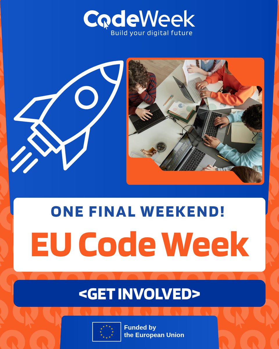 CodeWeekEU's tweet photo. One final weekend of #EUCodeWeek! 🚀 Thank you for celebrating digital skills across Europe.

We're not finished! Got an activity planned? Tell us! If you haven't joined yet, there's still time to make these days count.

Get involved: https://t.co/FelYkkbUrG 

#EUCodeWeek https://t.co/F4aBxnNEIP