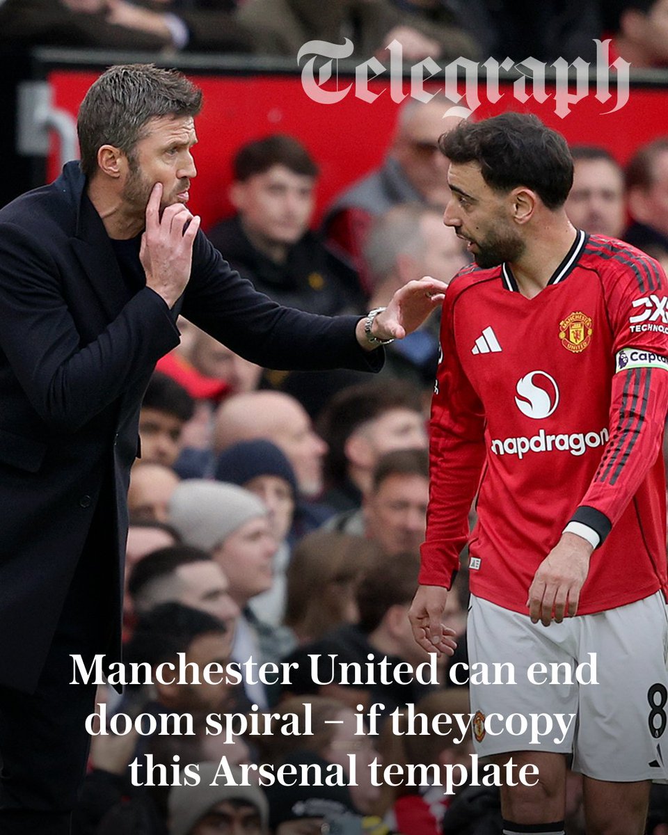 TeleFootball's tweet photo. Arsenal’s chaos-to-champions journey under Mikel Arteta should serve as encouragement for Manchester United, but can they follow the blueprint? 

❌ Be brutal with underperforming, overpaid stars
🔺 Trust the power of youth
⛔ Culture is king: players must know who’s the boss

@SamJDean assesses what Michael Carrick’s side can learn from the Premier League champions ⬇️
https://t.co/8MabP4QX8U