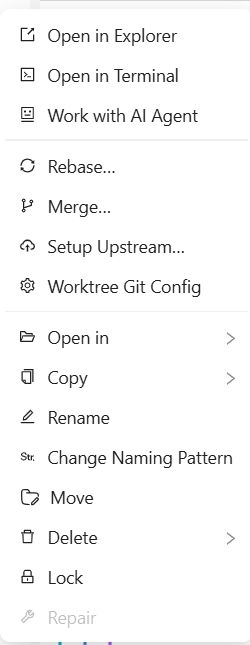 worktreewise's tweet photo. Access fast actions for any worktree from one context menu: open in IDE, open terminal, lock, copy path, or delete.
https://t.co/4KQCwMhkLe
#Productivity #DevTools #Git https://t.co/eEC3jKzHBE