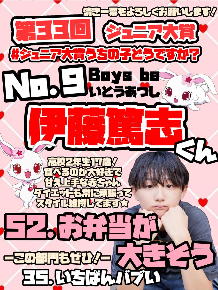 _acchan715's tweet photo. 🌟第33回   #Myojo #ジュニア大賞 🌟

 #ジュニア大賞うちの子どうですか ✩.*˚
 
No.9️⃣  #伊藤篤志 くん❤️ˊ˗
【52.お弁当が大きそう】部門🍴🍱🎶

-この部門もぜひ！ｰ
「35.いちばんバブい」部門👶🏻💕

みなさんの清き一票をぜひあちゅしくんによろしくお願い致します🙇🏻‍♀️🎀

 #Boysbe  #あちゅし https://t.co/L4SQUh8dpR