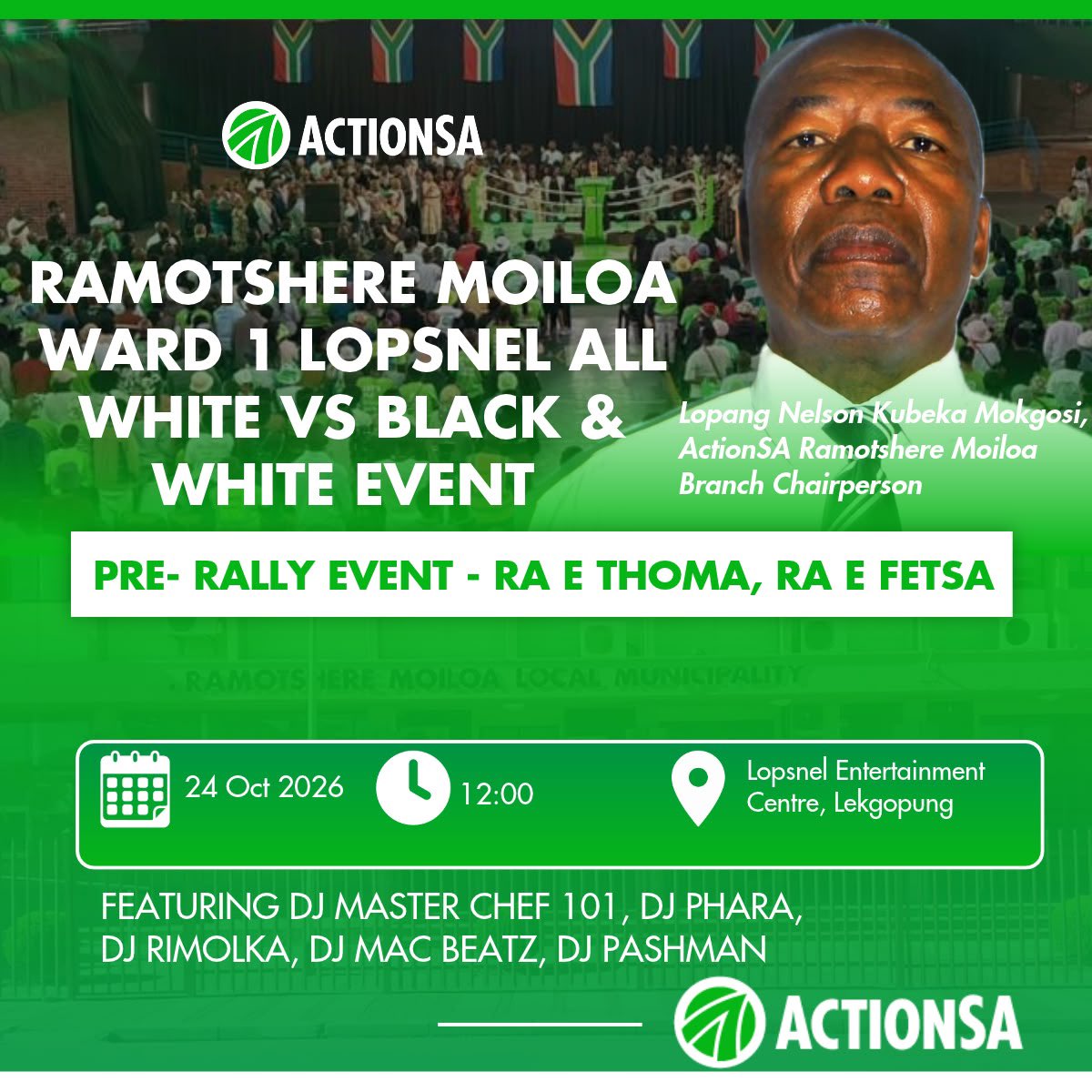 MbahareKekana_'s tweet photo. This weekend, we gather across Ramotshere Moiloa to celebrate our volunteers, supporters, members, activists and community members who have carried the @Action4SA message of hope.

📍 Ward 1: Ra e thoma, ra e fetsa!
📍 Ward 3: Let’s unite for the final push!

Together, let’s finish strong as we work to fix our broken municipalities.

#ActionSA #LetsFixBrokenMunicipalities #VoteActionSA