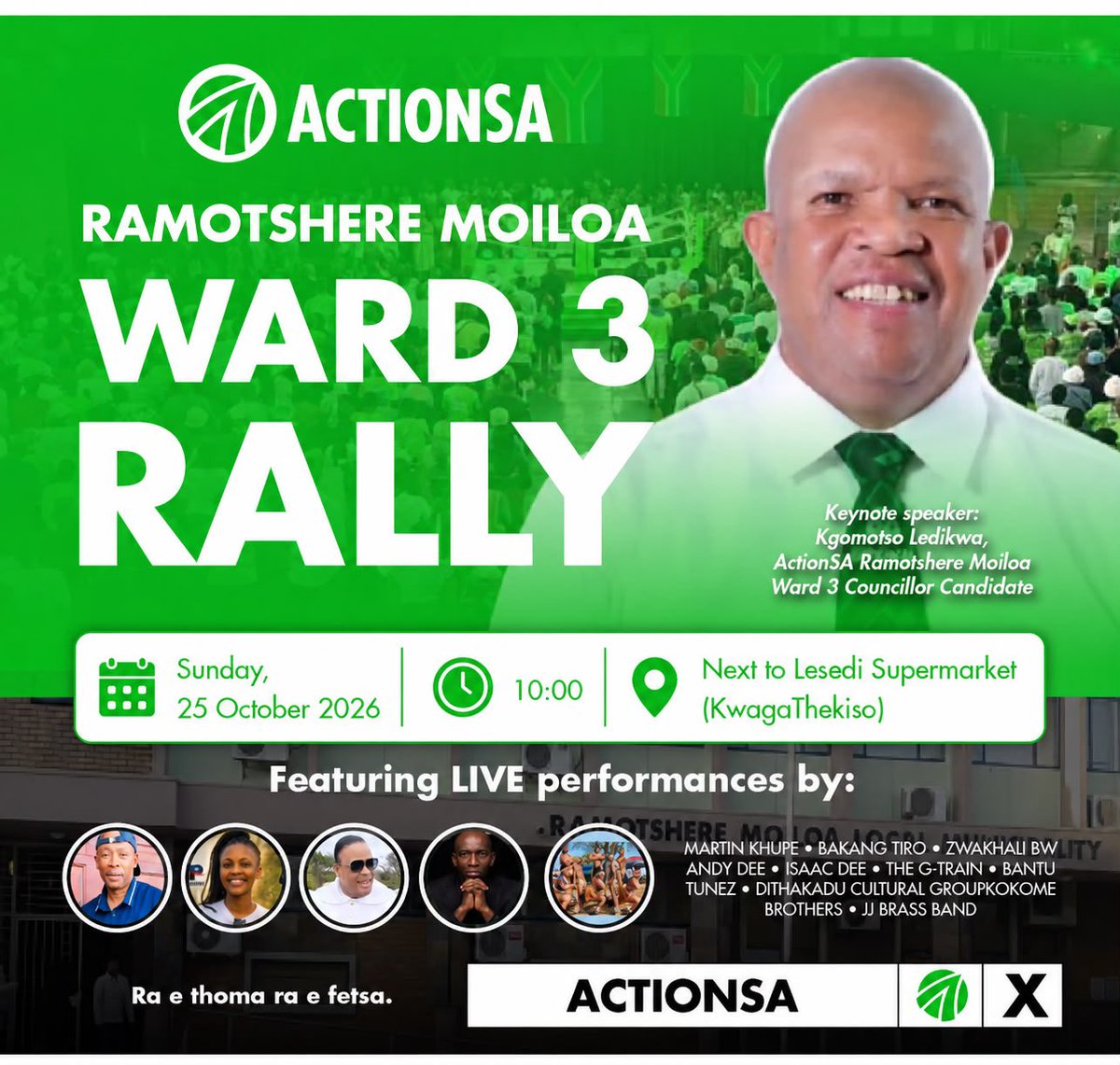 MbahareKekana_'s tweet photo. This weekend, we gather across Ramotshere Moiloa to celebrate our volunteers, supporters, members, activists and community members who have carried the @Action4SA message of hope.

📍 Ward 1: Ra e thoma, ra e fetsa!
📍 Ward 3: Let’s unite for the final push!

Together, let’s finish strong as we work to fix our broken municipalities.

#ActionSA #LetsFixBrokenMunicipalities #VoteActionSA