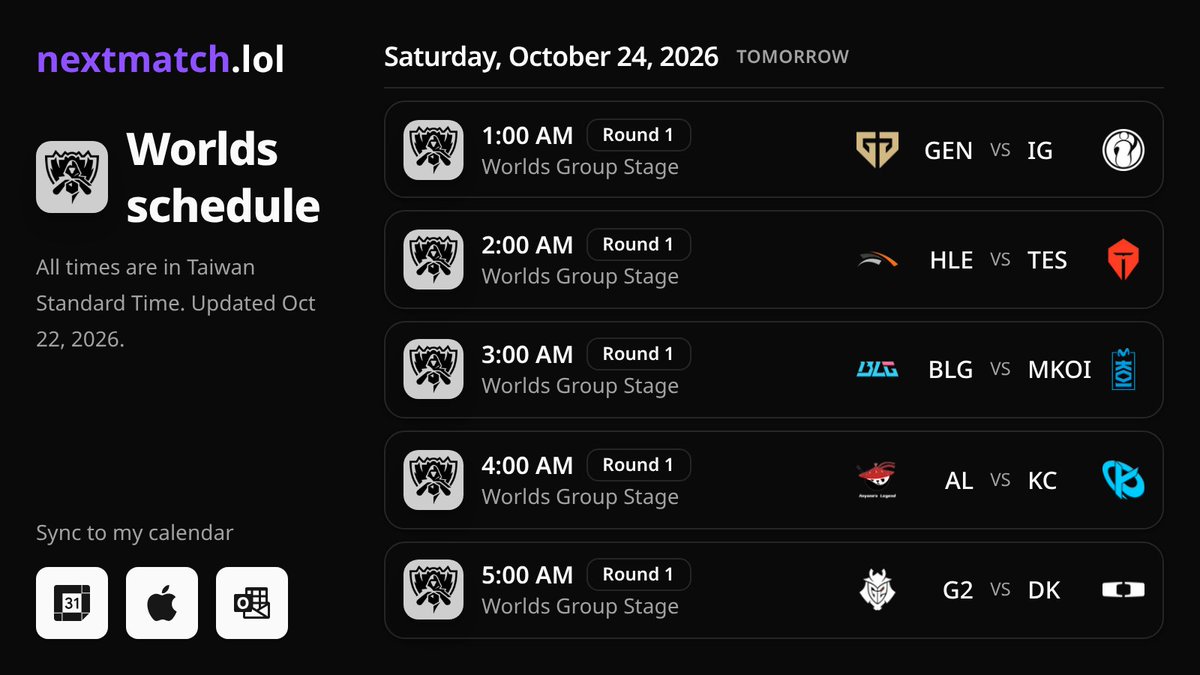 StriftCodes's tweet photo. @lolpacificen i built an app to sync worlds matches to your calendar y'all~ it handles time zones too! 

enjoy https://t.co/9QCgNAhY0z