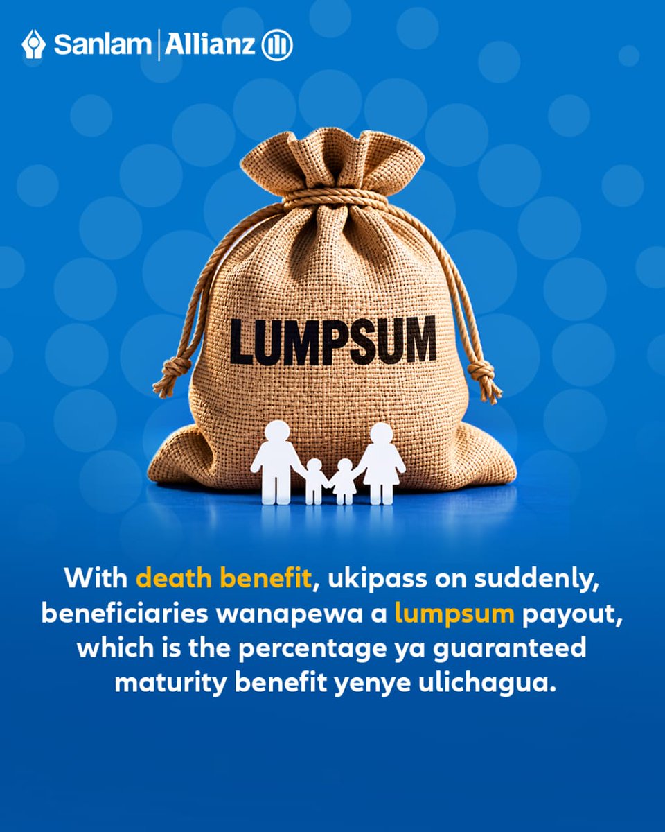 SanlamAllianzKe's tweet photo. Wacha tukuelimishe kuhusu optional benefits za Flexi Future Plus:

💰 Pass on? Familia hupata payout + premiums hadi maturity.
❤️ Critical Illness? Up to 50% lump sum.
🛡️ Disability? 100 % Premium waiver.

Calculate your bold future: https://t.co/xkViGqKtHr

#FlexiFuturePlus https://t.co/4Uyx5VJnBO