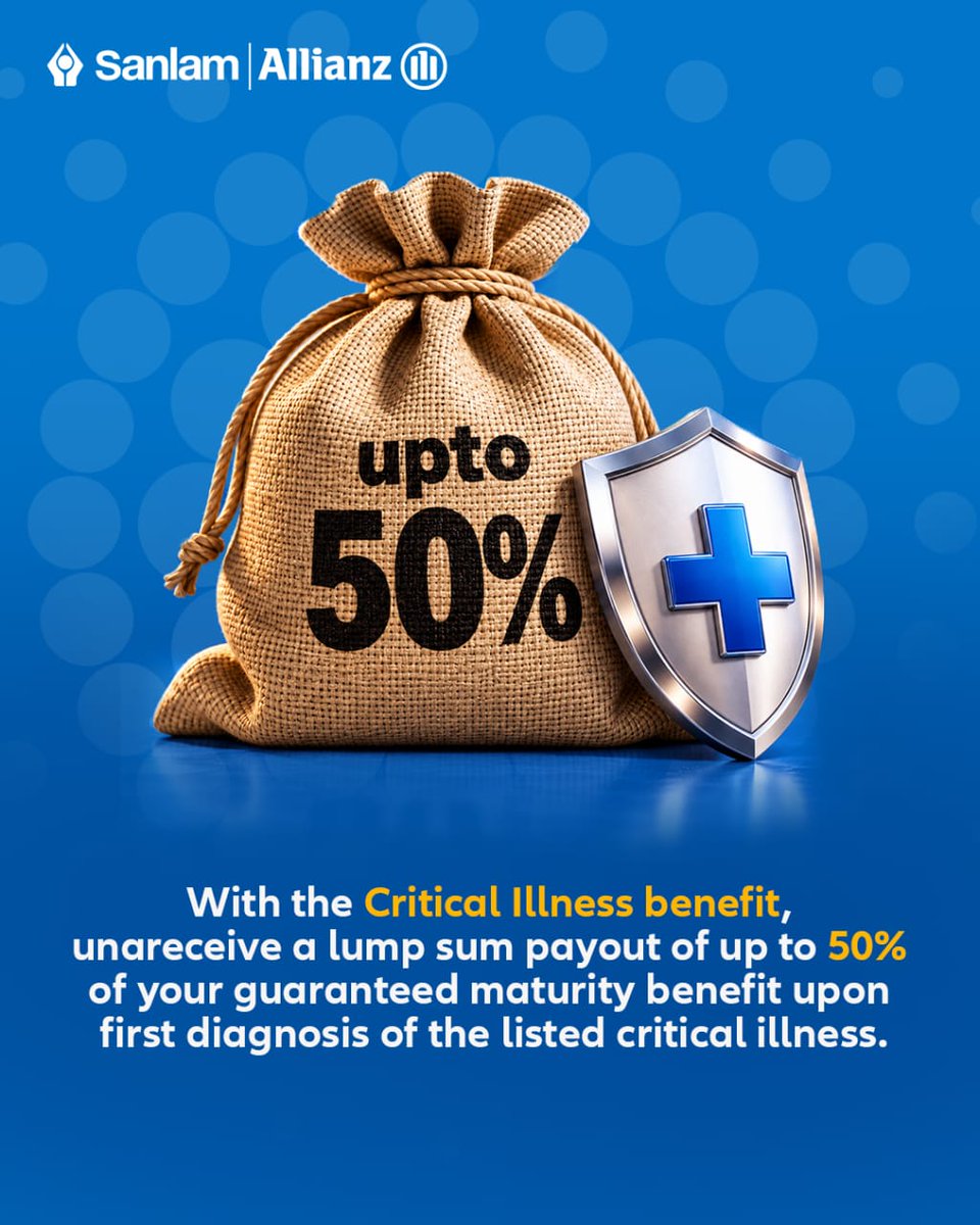 SanlamAllianzKe's tweet photo. Wacha tukuelimishe kuhusu optional benefits za Flexi Future Plus:

💰 Pass on? Familia hupata payout + premiums hadi maturity.
❤️ Critical Illness? Up to 50% lump sum.
🛡️ Disability? 100 % Premium waiver.

Calculate your bold future: https://t.co/xkViGqKtHr

#FlexiFuturePlus https://t.co/4Uyx5VJnBO