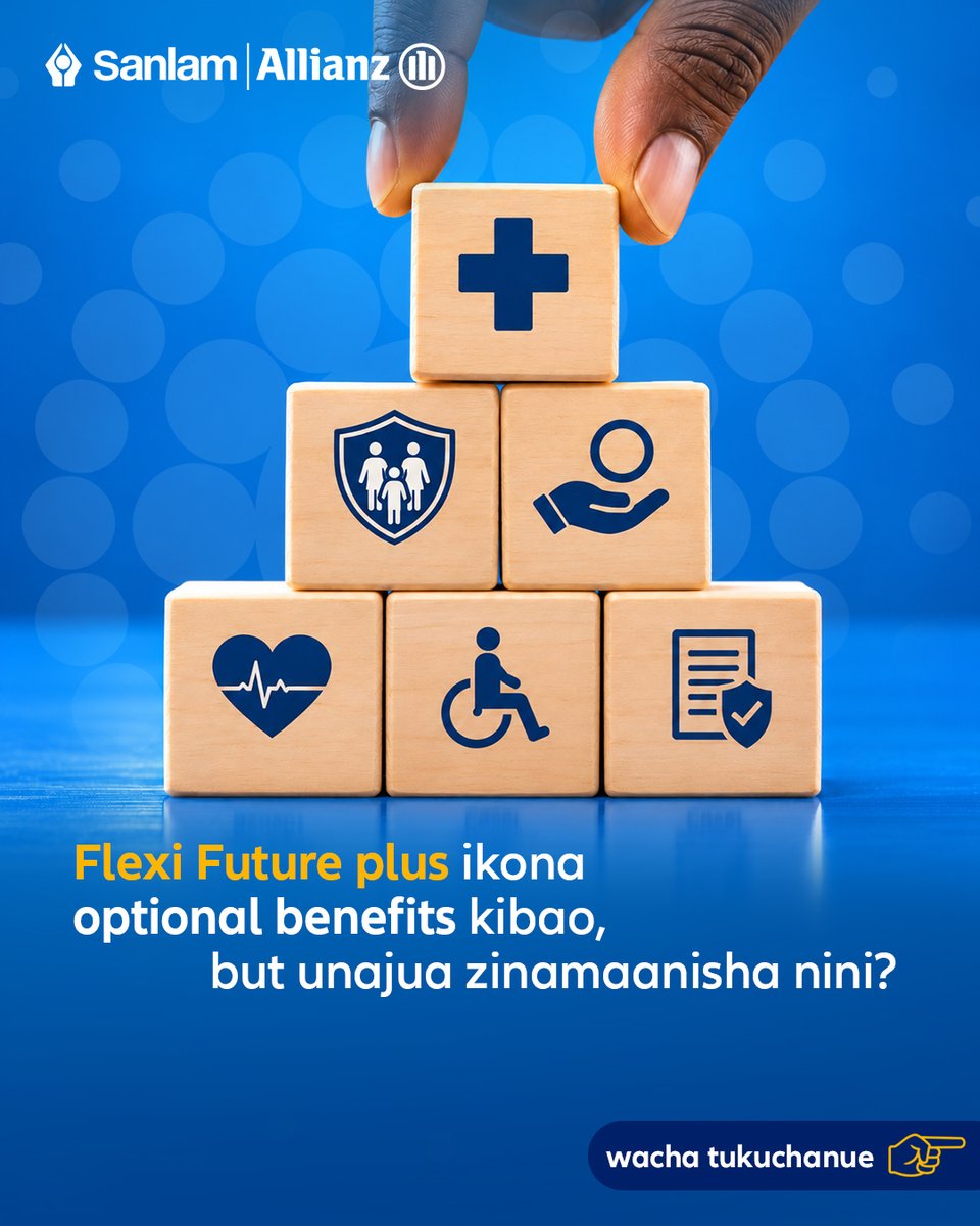 SanlamAllianzKe's tweet photo. Wacha tukuelimishe kuhusu optional benefits za Flexi Future Plus:

💰 Pass on? Familia hupata payout + premiums hadi maturity.
❤️ Critical Illness? Up to 50% lump sum.
🛡️ Disability? 100 % Premium waiver.

Calculate your bold future: https://t.co/xkViGqKtHr

#FlexiFuturePlus https://t.co/4Uyx5VJnBO