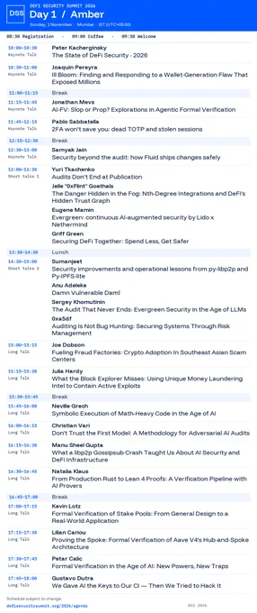 DSS 2026 Day 1 Amber programme. All times IST. Schedule subject to change; full programme at https://defisecuritysummit.org/2026/agenda.