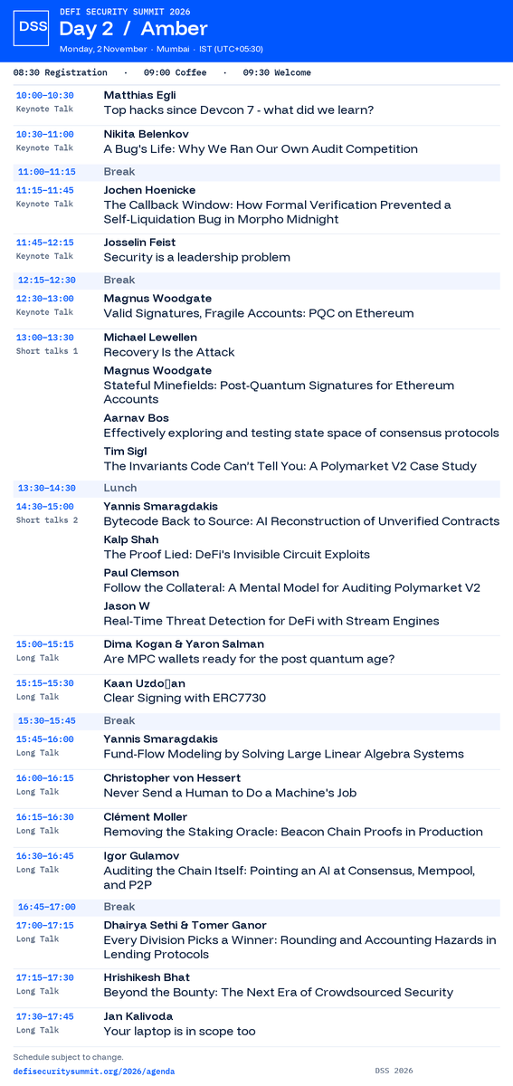 summit_defi's tweet photo. The DSS 2026 timetable is live.

Nov 1–2 · Mumbai · Amber + Pearl

Pick your talks, save a shortlist and share it with @summit_defi.

Agenda: https://t.co/KX8nDwM0JN
Tickets: https://t.co/RTbPxGH7zF https://t.co/92Sr9gfI7B