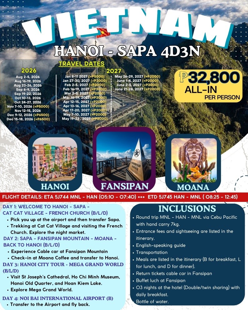 mecrakazanc's tweet photo. Hanoi-Sapa escape: mountain views, Hanoi streets, Fansipan, and Moana Mountain in one 4D3N getaway. From ₱32, 800 per person, all-in. Includes flights, hotel, meals, tours, transport, and guide. Multiple 2026–2027 dates available. Message us for https://t.co/AywxJJLsrk