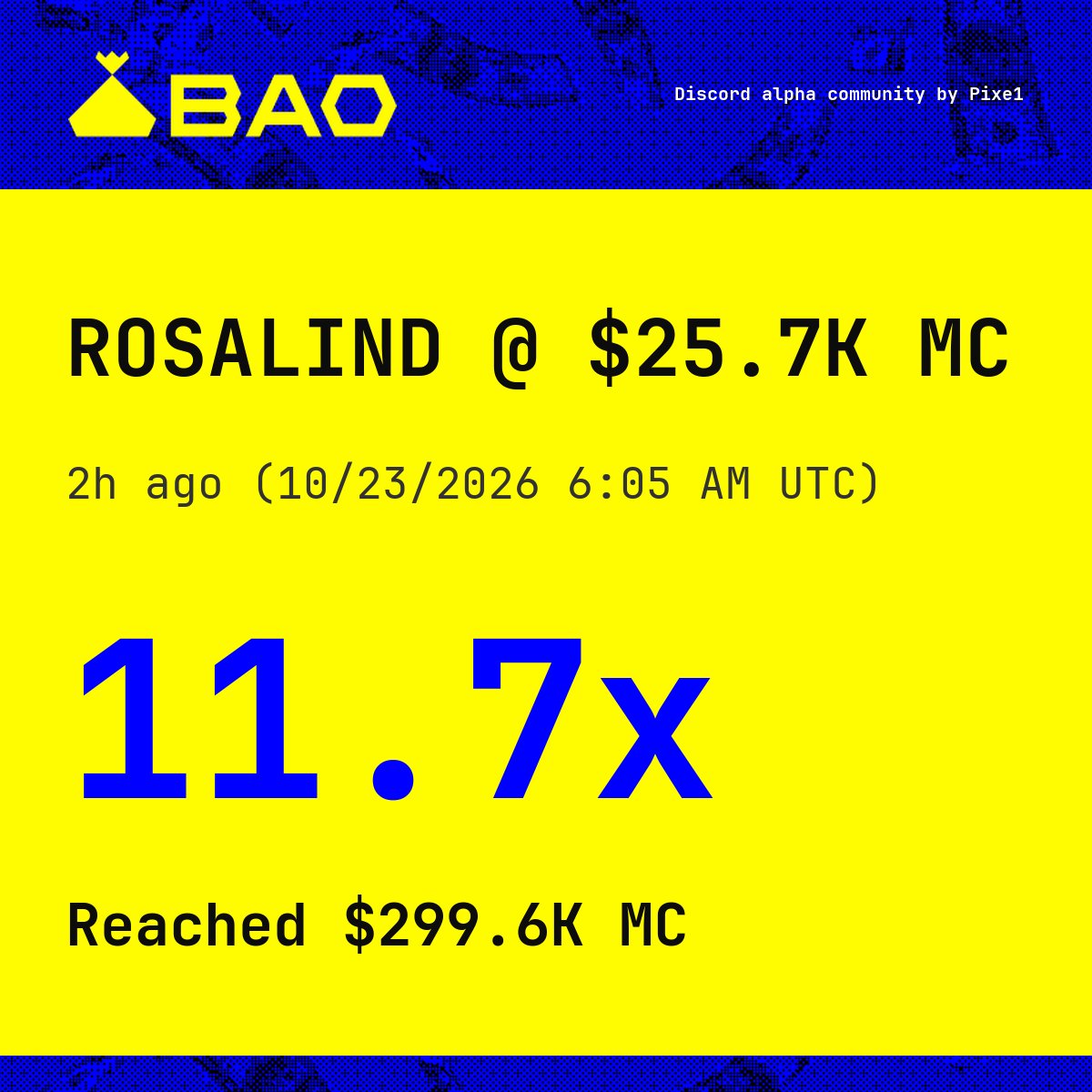 BasedAlphaOnly's tweet photo. ROSALIND 10x run started with a BAO Discord alert

🪙 ROSALIND | 📈 Peak: $299.6K MC | 🚀 11.7x
📍 CA: 45yNndrGvmzKU4eZeo7kDZm4TRr8Dkg9C8EpJcfNpump

📅 Discord alert: 10/23/2026 6:05 AM UTC · Entry $25.7K MC https://t.co/NswIp86wjS