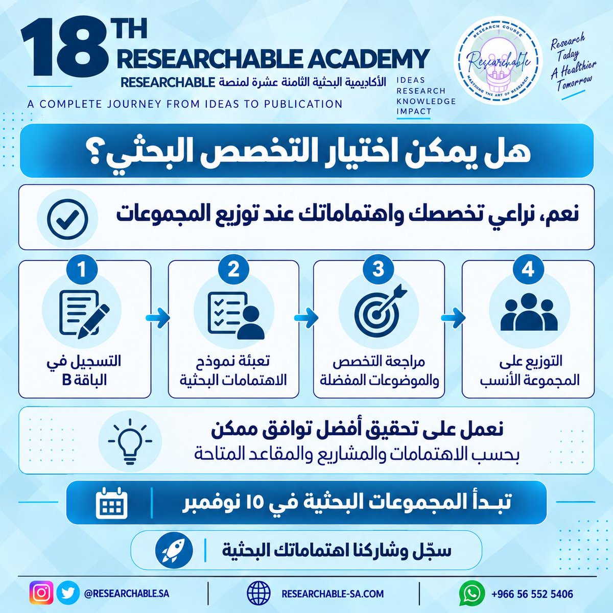 Researchable_SA's tweet photo. هل يمكن اختيار التخصص البحثي؟ 🔍

عند التسجيل في الباقة B، ستعبئ نموذجًا لتحديد تخصصك واهتماماتك والموضوعات التي تفضلها.

بعد ذلك، يتم توزيع المشاركين على المجموعات مع مراعاة:

• التخصص والاهتمامات البحثية
• المشاريع المتاحة
• المقاعد المتوفرة في كل مجموعة

نعمل على تحقيق أفضل توافق ممكن، لكن اختيار تخصص أو موضوع محدد يعتمد على المشاريع والمقاعد المتاحة.

تبدأ المجموعات البحثية في ١٥ نوفمبر. 🔬

للتفاصيل والتسجيل:
https://t.co/q8wIVJ443f