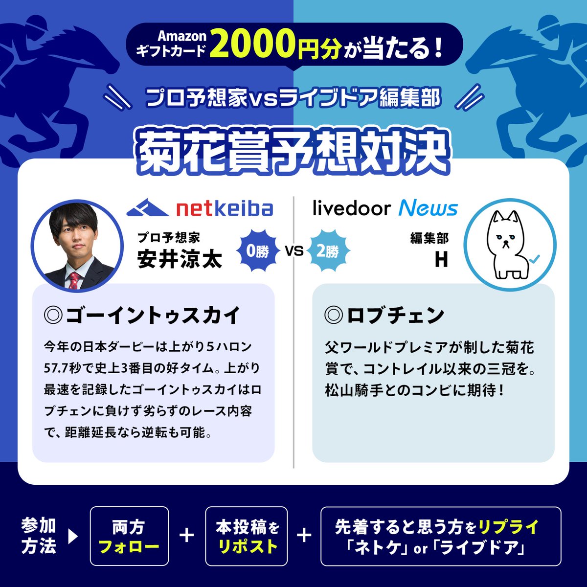 livedoornews's tweet photo. 「先着するのはどっち!?」
プロ予想家・安井涼太 vs ライブドアニュース編集部H

3戦目は菊花賞！

▼参加方法
① @netkeibaと@livedoornewsをフォロー
②この投稿をリポスト
③「ネトケ」or「ライブドア」先着すると思う方をこの投稿にリプライ https://t.co/KxFdnKDRdV