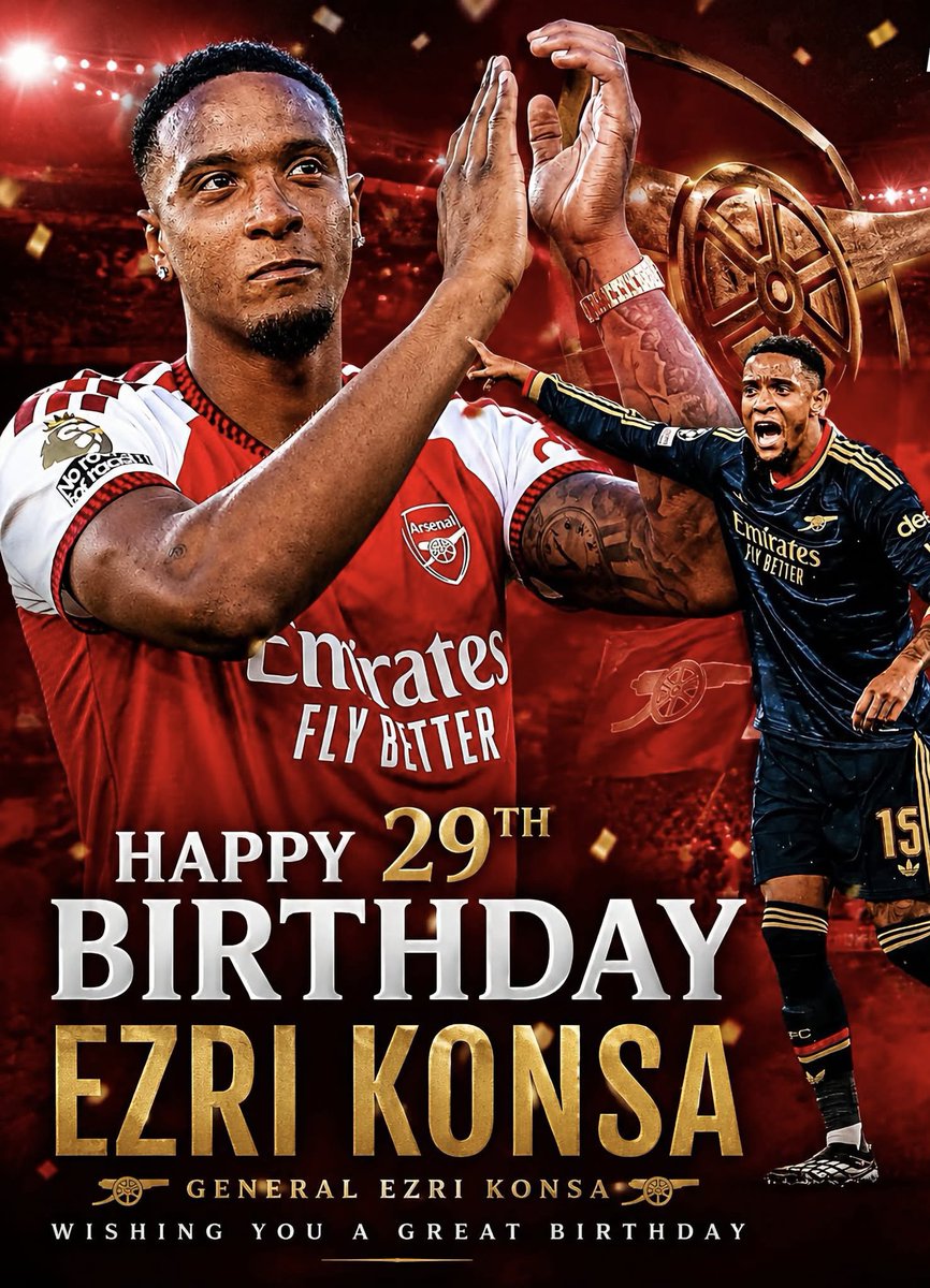 Arsenalnewschan's tweet photo. 🚨 A MASSIVE happy birthday to #Arsenal defender Ezri Konsa 🏴󠁧󠁢󠁥󠁮󠁧󠁿 who turns 29 today! 🎈 🎂 🎁

Hopefully a belated birthday present will arrive with 3 points vs Everton this weekend 😉 https://t.co/Iu0m7K6K0f