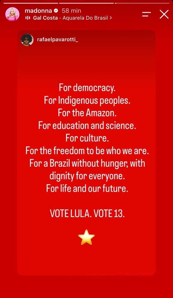 imperioMadonna_'s tweet photo. Madonna declara apoio ao Lula. 🇧🇷❤️

“Pela democracia. Pelos povos indígenas. Pela Amazônia. Pela educação e pela ciência. Pela cultura. Pela liberdade de sermos quem somos. Por um Brasil sem fome, com dignidade para todos..."

VOTE LULA. VOTE 13.” ⭐ https://t.co/7dlByTtwZa