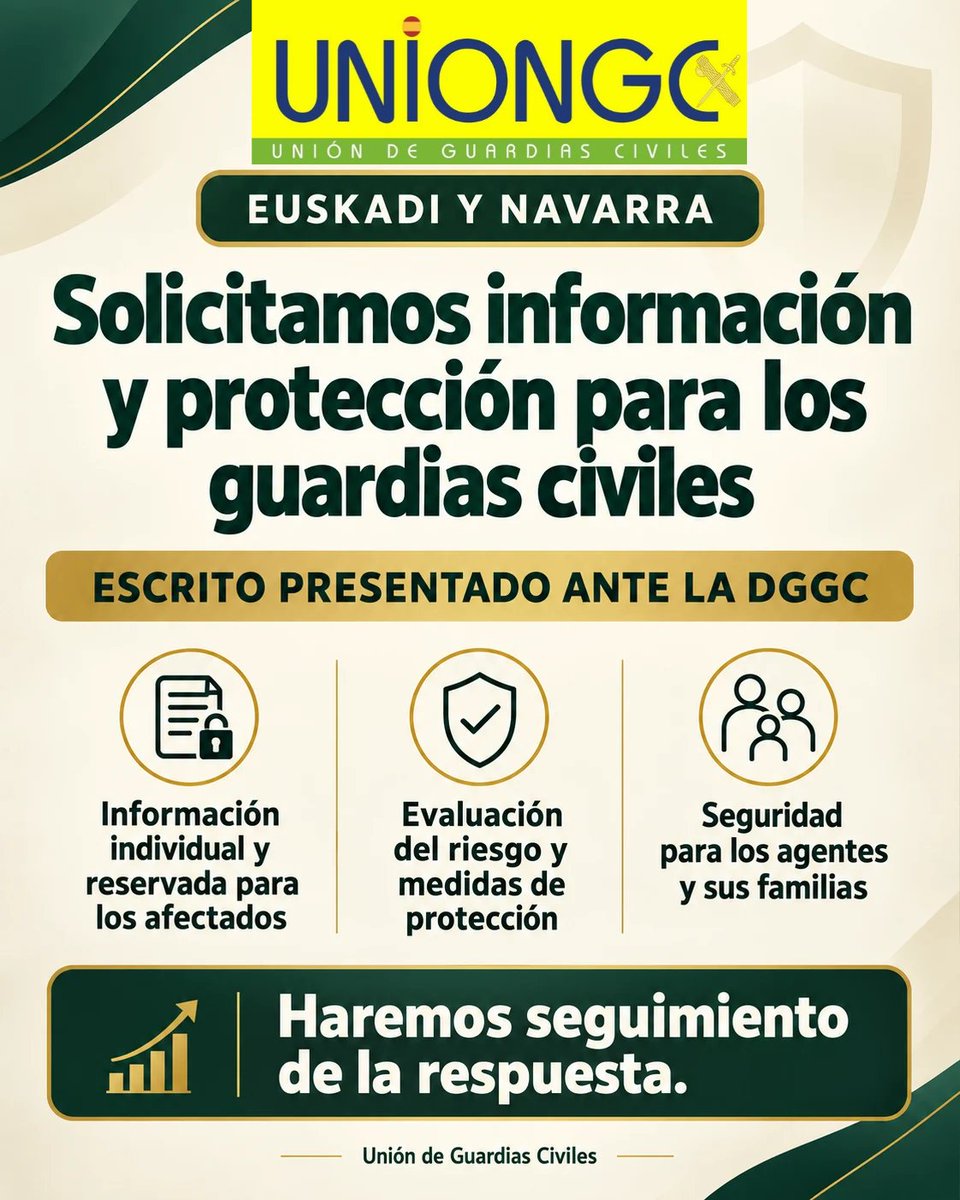 UnionGC's tweet photo. 🟢 La seguridad de los guardias civiles y sus familias debe ser una prioridad.

UniónGC ha presentado un escrito ante la Dirección General de la Guardia Civil tras las noticias sobre el hallazgo de información relativa a agentes en el marco de la investigación de las detenciones de Irún.

Solicitamos:

🔹 Información individual y reservada para quienes resulten afectados, respetando los límites de la investigación.
🔹 Evaluación del riesgo y medidas de protección para los agentes y su entorno familiar.
🔹 Comprobación del origen de los datos y revisión de los protocolos de seguridad.
Por ahora, no disponemos de confirmación sobre qué agentes concretos podrían estar afectados.
Haremos seguimiento de la respuesta y trasladaremos las novedades que puedan comunicarse.

Compañeros de Euskadi y Navarra: seguimos a vuestro lado.

#UniónGC #GuardiaCivil #Euskadi #Navarra #ProtecciónDeDatos