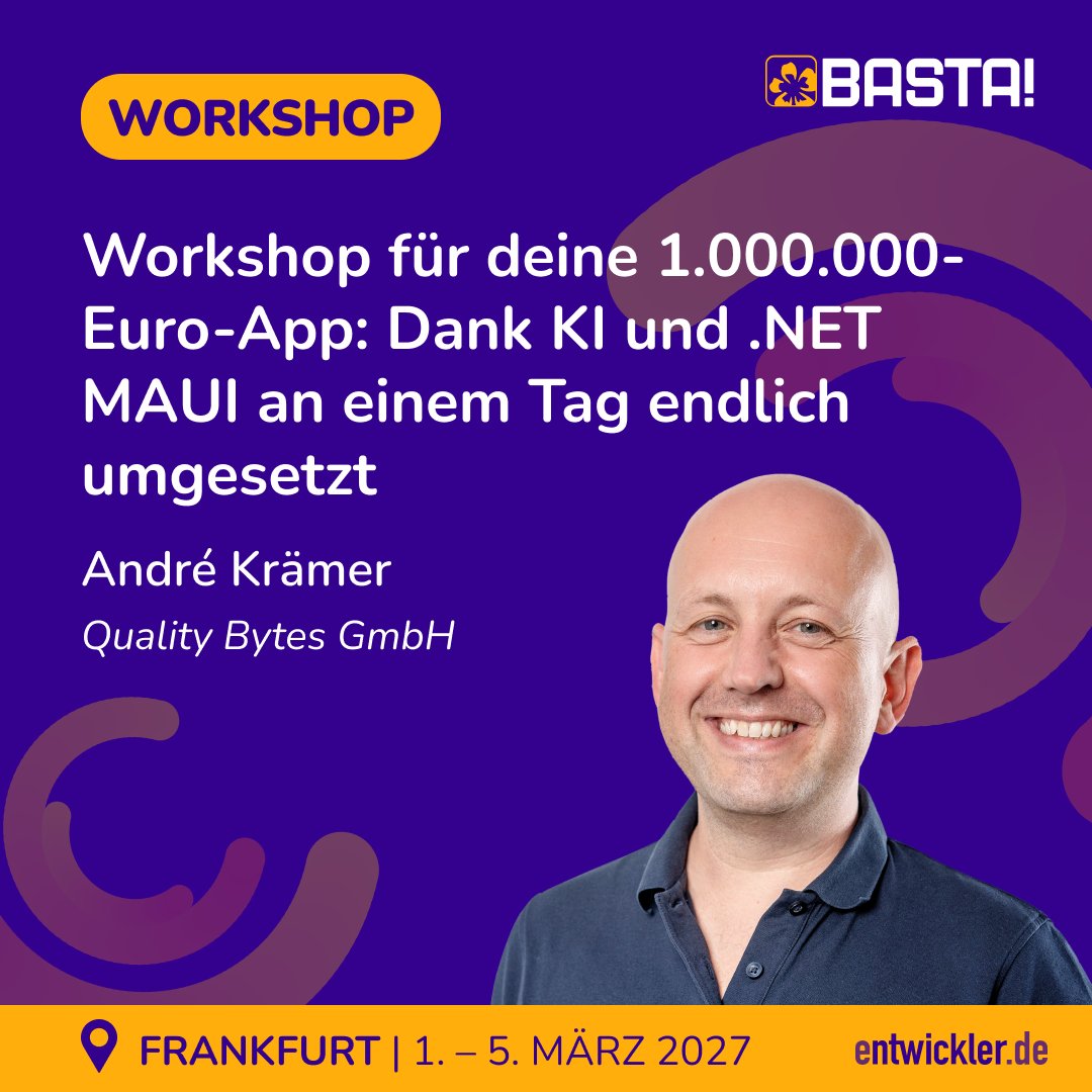 BASTAcon's tweet photo. 🚀 Deine App-Idee endlich umsetzen!

@codemurai zeigt im #bastacon-Workshop:
• KI in der Entwicklung
• Apps mit .NET MAUI
• Ideen praktisch umsetzen

📅 01.03. - 05.03.2027 | BASTA! |📍Frankfurt

🔗 https://t.co/3ZvBjZhpu8

#DotNetMAUI #AppDevelopment #KI #dotnet #bastacon https://t.co/qESji1NzQk