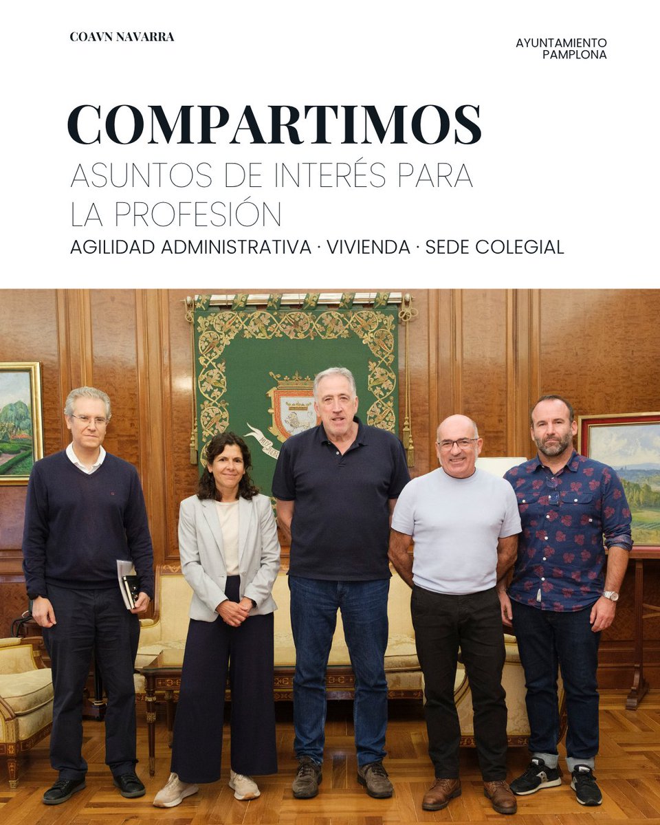 COAVNavarra's tweet photo. 🏛️ Nos reunimos con el Ayuntamiento de Pamplona para abordar la agilidad administrativa, la vivienda, la transformación de locales en viviendas y la sede colegial.

💬 ¿Qué temas os gustaría que abordáramos en próximos encuentros?

#COAVNNavarra https://t.co/5TQS2oRTJR
