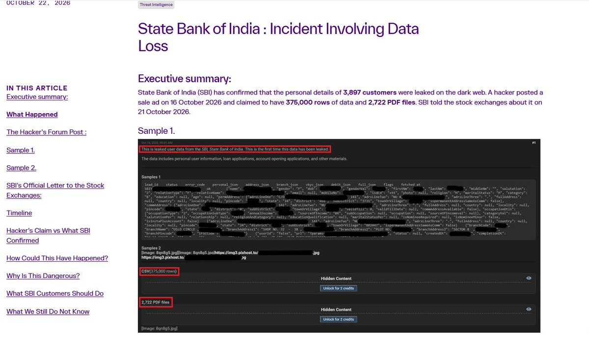 rudrapratap_'s tweet photo. 375,000 records surfaced. 3,897 contained customer PII. In breach analysis, that distinction matters. 

The bigger risk? Genuine personal details can make phishing and bank impersonation far more convincing.
 
#ThreatIntelligence #CyberSecurity #sbileak https://t.co/Fvmt0zFzqe