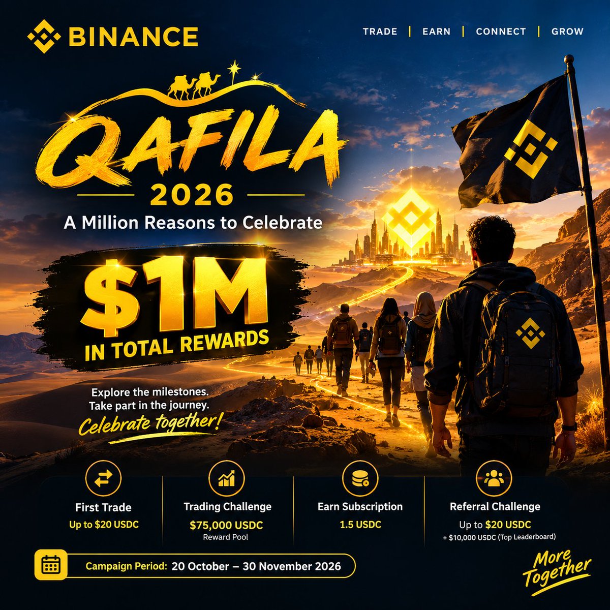 Parisa_Amani77's tweet photo. Qafila 2026: $1M Reasons to Celebrate,  Safar Saath, Celebration Saath!🔥

🚨 The biggest celebration of 2026 is here! 🚨

Something exciting is bringing the Binance community together, and it's time to discover the journey of Qafila 2026! 🌟

💰 $1 MILLION IN TOTAL REWARDS! 💰

Ji haan, you read that right! Qafila is bringing a massive celebration with a total reward pool of $1 million, featuring multiple campaign activities, challenges, and opportunities for eligible participants. 🤯🎉

Yeh sirf aik campaign nahi, balkay aik shared journey hai — where communities connect, participate, and celebrate together! 🤝💛

🔥 What makes Qafila exciting?

🎯 First Trade: Explore eligible first-trade activities and discover the rewards available in your market.

📈 Trading Challenges: Ready to test your trading skills? Eligible Spot and Futures challenges may offer opportunities to compete on a leaderboard.

💎 Earn Activities: Explore eligible Simple Earn subscription activities and learn about their participation requirements.

👥 Referral Challenge: Bring your friends along for the journey! Eligible referral activities may offer rewards based on the campaign rules.

   Har milestone ki apni importance hai, aur har participant ka experience different ho sakta hai. The key is to explore the opportunities available to you, understand the requirements, and participate responsibly.

📅 Campaign Period: 20 October – 30 November 2026

⏳ The Qafila journey is underway! Visit the official Qafila campaign page to check your market's available activities, eligibility criteria, reward details, and complete Terms & Conditions.

   Yaad rakhein: The $1M represents the total campaign reward pool, not a guaranteed individual prize. Rewards, activities, and eligibility vary by market, and not every participant will necessarily receive a reward.

Join the Qafila campaign here: 
https://t.co/9O3lpy5jwM

   Qafila ka safar shuru hai — discover the milestones, explore the possibilities, and celebrate the journey together!

Digital assets are high-risk and volatile; you may lose your investment. You are responsible for your decisions. Products may not be available in your region. Not financial advice. See Binance’s Terms of Use and Risk Warning.