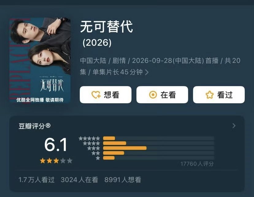 ForCdrama's tweet photo. Drama #Irreplaceable starring #ZhaoJinmai #WeiDaxun douban score - 6.1 (17k raters) https://t.co/dwgSQaV6tB