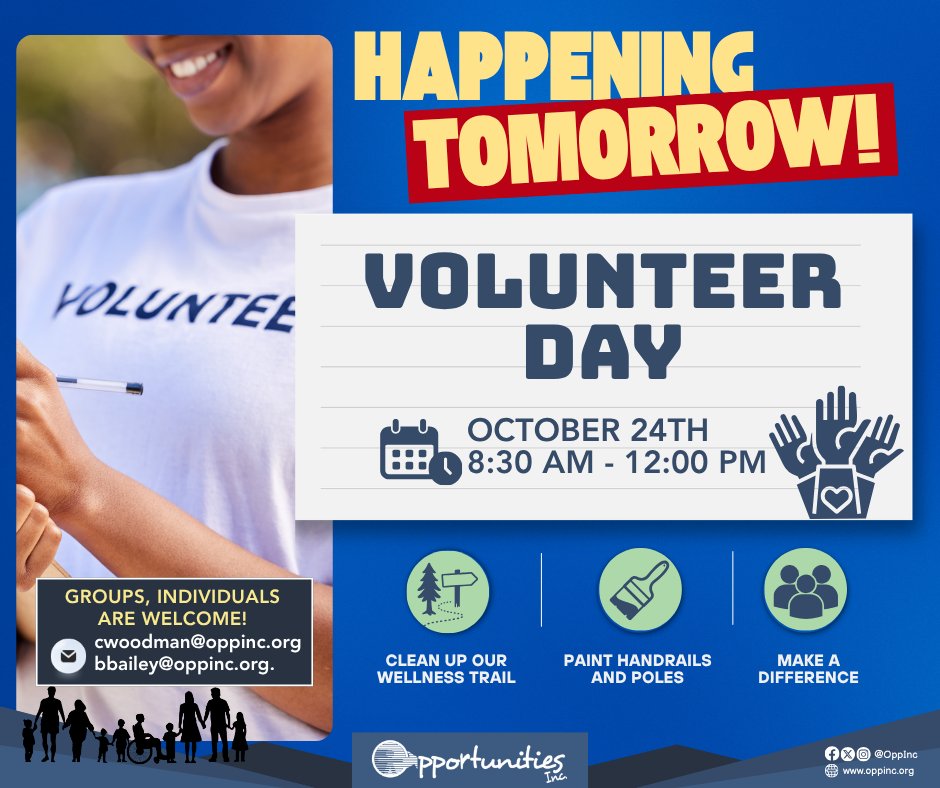 OppIncOrg's tweet photo. Volunteer Day is tomorrow! 

Join Opportunities, Inc. as we clean the Wellness Trail and paint handrails and poles.

October 24 | 8:30 AM–12:00 PM
 6101 North Stateline Ave., Texarkana, TX 75503

Please see the photo below for the contact details.

#OpportunitiesInc https://t.co/R5GpzWxWHv