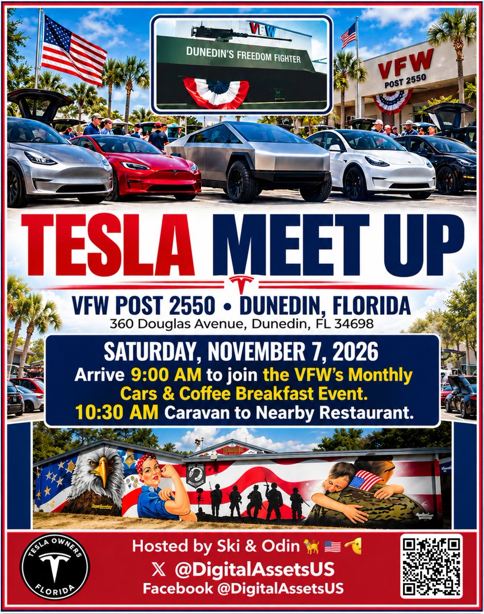techtutorusa2's tweet photo. Got a Tesla—or getting one? 🚗⚡

Join us Sat., Nov. 7 at 9 AM for Cars & Coffee, Tesla talk, a convoy to lunch, and a chance to thank some veterans.

📍360 Douglas Ave., Dunedin, FL

Coming from Fort Myers and want to convoy? Hit me up!

Please share. 🇺🇸⚡@DigitalAssetsUS @ChargeFlexUSA @TeslaFamOrlando @teslabrosclub
@TeslaOwnersFL @ElectricUpgrade @CyberWattage  https://t.co/Or6Pf2BizD @OGMarsLife @CYBRBEATZ @EvasTeslaSPlaid @gr8fdead @NickJHowe