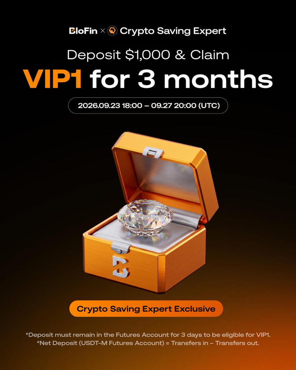 CryptoSavingExp's tweet photo. BloFin is offering VIP1 for 3 months when you deposit $1,000 and keep it in your Futures Account for 3 days. 

Limited-time offer.

JOIN HERE: 👉 https://t.co/ASxRVrJS12 https://t.co/C2fPrjJiIk