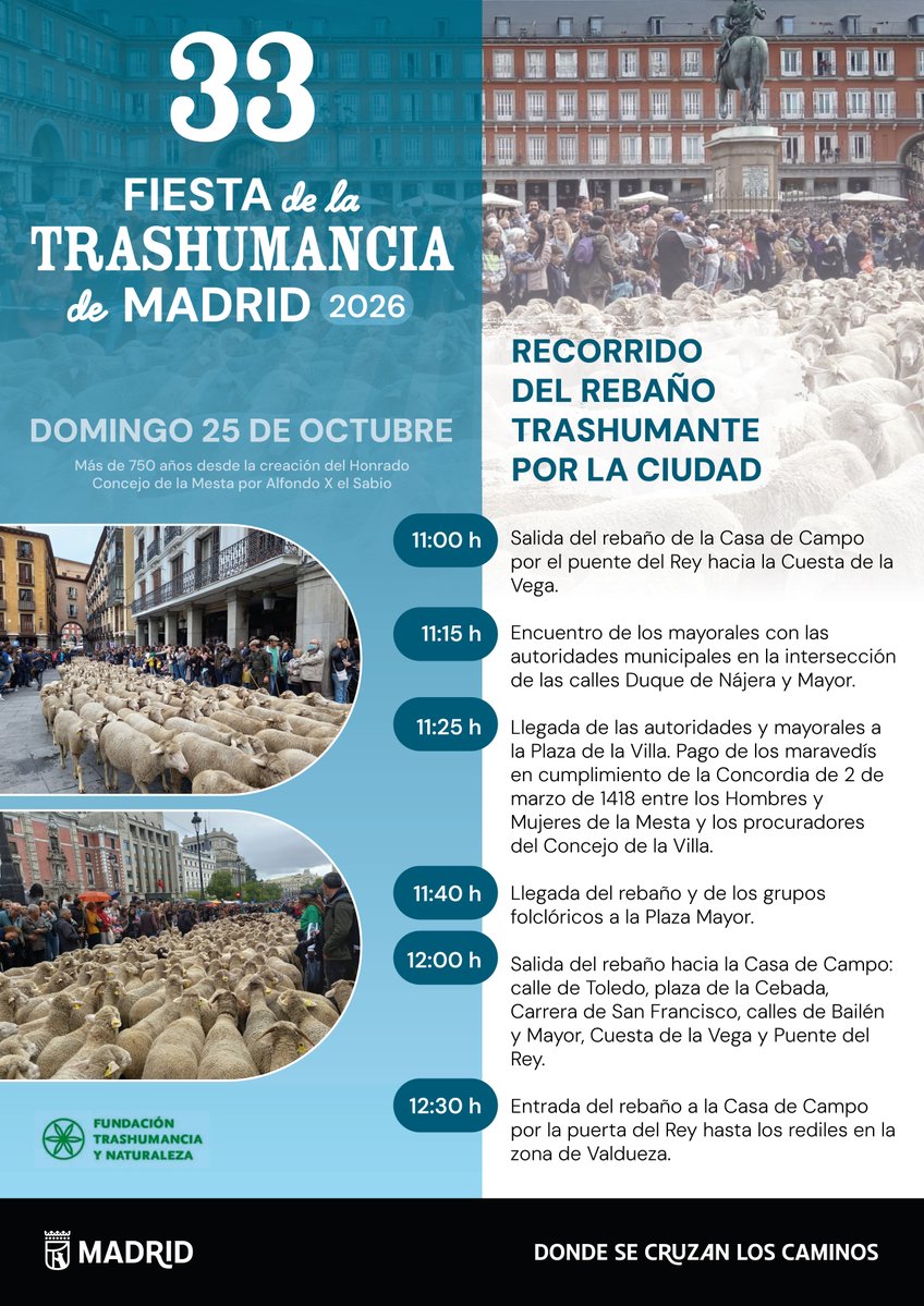 MADRID's tweet photo. ❌🚗 Cortes de tráfico con motivo de la celebración de la 'Fiesta de la Trashumancia 2026' que se celebra el próximo domingo 25 de octubre 

Más información 👉 https://t.co/XUcbRHCMSs https://t.co/WelenB8RMG