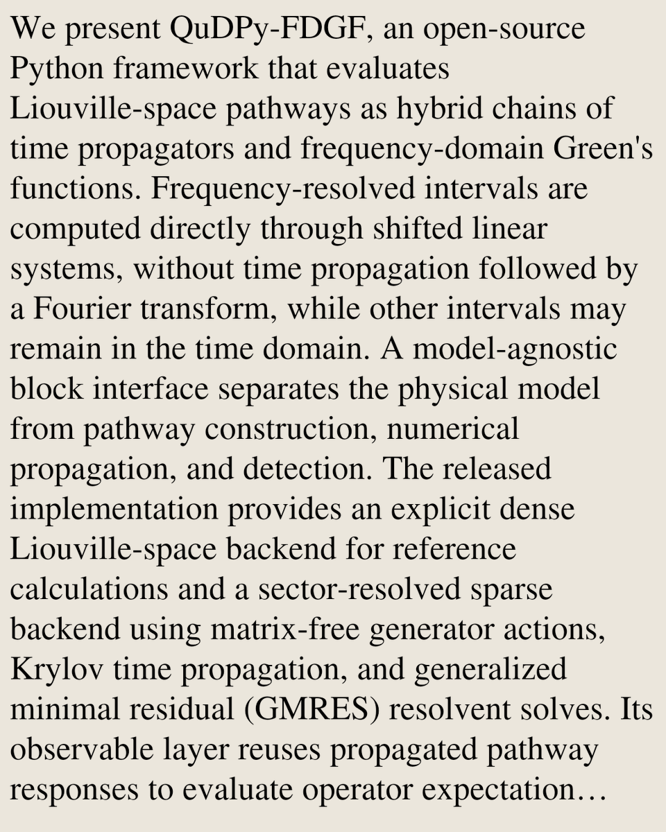 ChemPhyPapers's tweet photo. QuDPy-FDGF: A Python-Based Tool for Computing Ultrafast Nonlinear Optical Responses Using Frequency Domain Green's Functions

Mathieu Desmarais, Simón Paiva-Ortega, Félix Brunell, …
https://t.co/4zEsTQqqjZ [𝚙𝚑𝚢𝚜𝚒𝚌𝚜.𝚌𝚑𝚎𝚖-𝚙𝚑 𝚙𝚑𝚢𝚜𝚒𝚌𝚜.𝚌𝚘𝚖𝚙-𝚙𝚑] https://t.co/r7csapLdqC