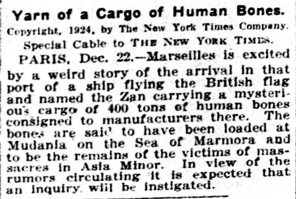 HomerPavlos's tweet photo. @EvrenSAuthor 1. Cargo of Human Bones. New Zealand Herald, Volume LXI, Issue 18902, 27 December 1924

2. Yarn of a Cargo of Human Bones: The New York Times (Dec 23, 1924.

3. Midi Newspaper,Cargaison funebre (A Mournful Load). Dec 24, [1924].

4. Brandon Daily Sun, 28 April 1924. Source https://t.co/xFthUvMNoP