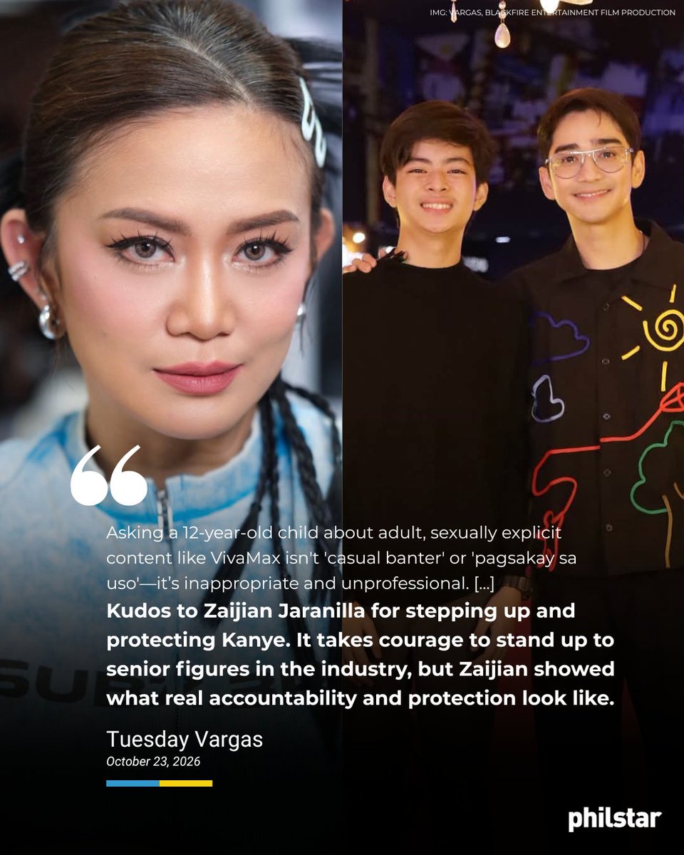 PhilstarNews's tweet photo. ‘SPEAK UP WHEN YOU SEE ABUSES HAPPENING AROUND YOU’

Comedienne Tuesday Vargas praised actor Zaijian Jaranilla for standing up for his young co-star Kanye Avendaño after a reporter allegedly asked the 12-year-old about his interest in appearing in a VivaMax film.

Read: https://t.co/NARzAuvnZX