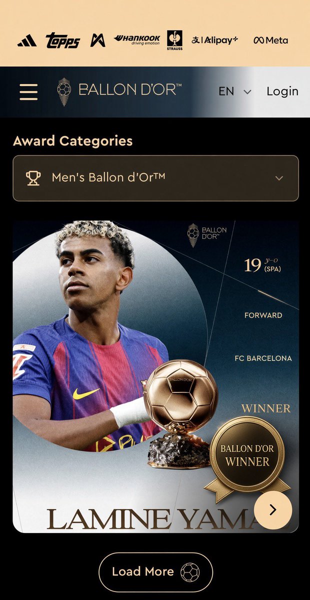 Samsonthegoat25's tweet photo. did france football just accidentally leak the winner on their website? another leaked photo shows lamine yamal in first place, ahead of harry kane, with lionel messi coming third. 😳

is this just a glitch, or did they accidentally reveal the winner? https://t.co/b0p6P9E6Gk