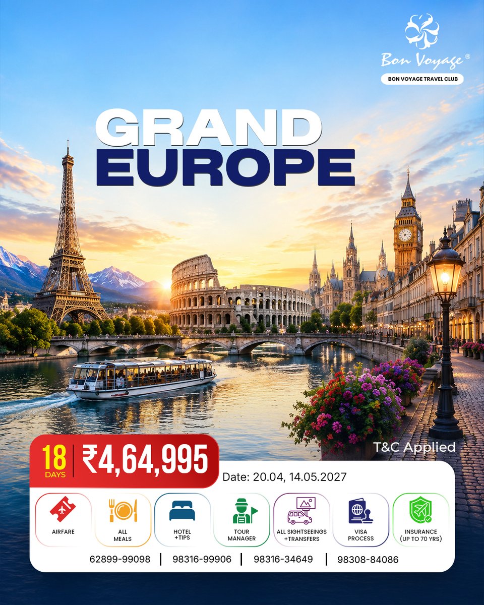 eljefe_16's tweet photo. Europe is a hundred stories waiting to happen. Choose your 2027 dream journey with Bon Voyage Travel Club: 10 to 18 days, from ₹3, 39, 995. Airfare, meals, hotels, sightseeing, visa support and more included. T&amp;C apply. https://t.co/su0i0qJnwW