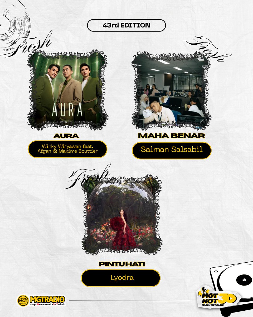 MGT_RADIO's tweet photo. Listeners! Ini dia Fresh dan Billboard Indonesia #MGTHOT30 43rd Edition of 2026!! 🙌

#MGTRADIO #MGTHot30 #MusicCharts #MusikInfo #MGTRadioBandung #MGTRadioTerbaik #RadioBandung https://t.co/2zS15NOlte