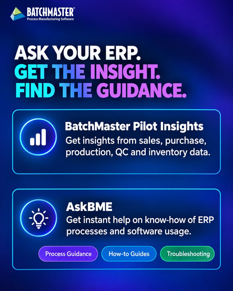 BatchMasterInd's tweet photo. Make your ERP experience more intuitive with AI. 

BatchMaster Pilot helps manufacturing teams simplify routine work, access business insights, and get the guidance they need within their ERP environment.

https://t.co/6465X3Fod8

#BatchMasterPilot #ArtificialIntelligence https://t.co/Kmg4NQWkLt