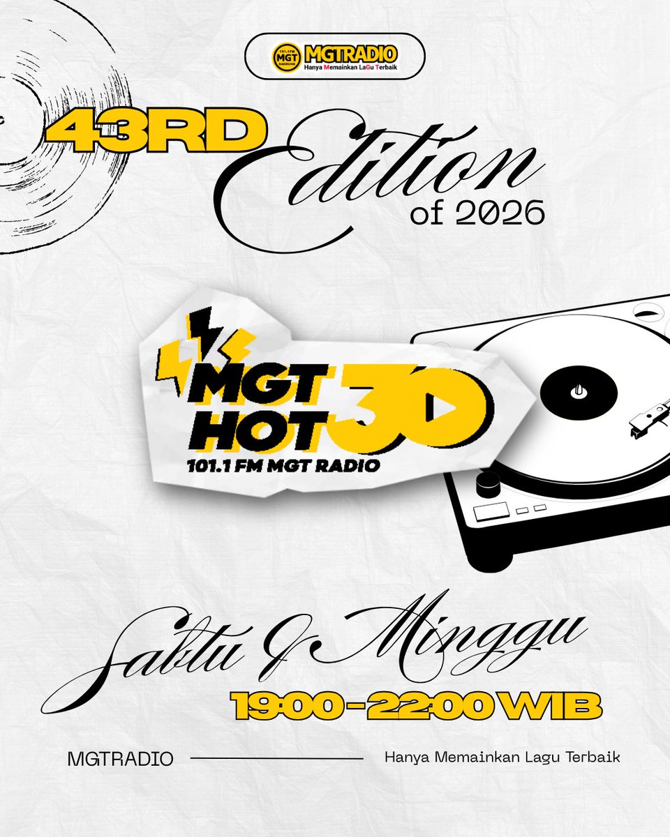 MGT_RADIO's tweet photo. Listeners! Ini dia TOP 30 #MGTHOT30 43rd Edition of 2026!! 🙌

#MGTRADIO #MGTHot30 #MusicCharts #MusikInfo #MGTRadioBandung #MGTRadioTerbaik #RadioBandung https://t.co/QK1BgYNVHl