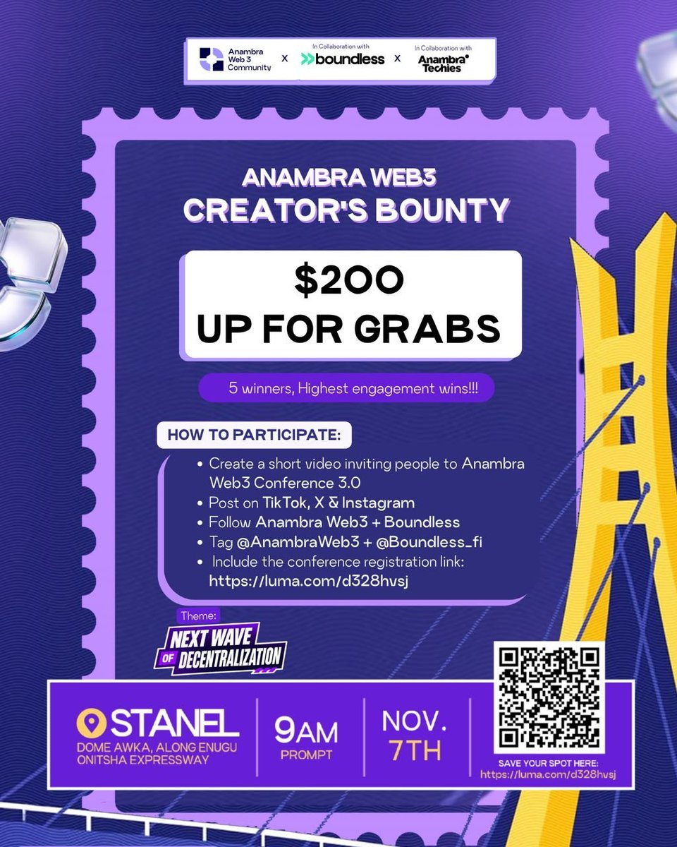 boundless_fi's tweet photo. Make a creative video about @Anambraweb3  Conference 3.0. 

Win from $200 UDSC Prize pool

Your task is simple:
1️⃣Research the conference and what it represents.
2️⃣Create an engaging video about the event and invite your friends to attend.
3️⃣Share it on TikTok, Instagram, and Twitter

Deadline: November 7