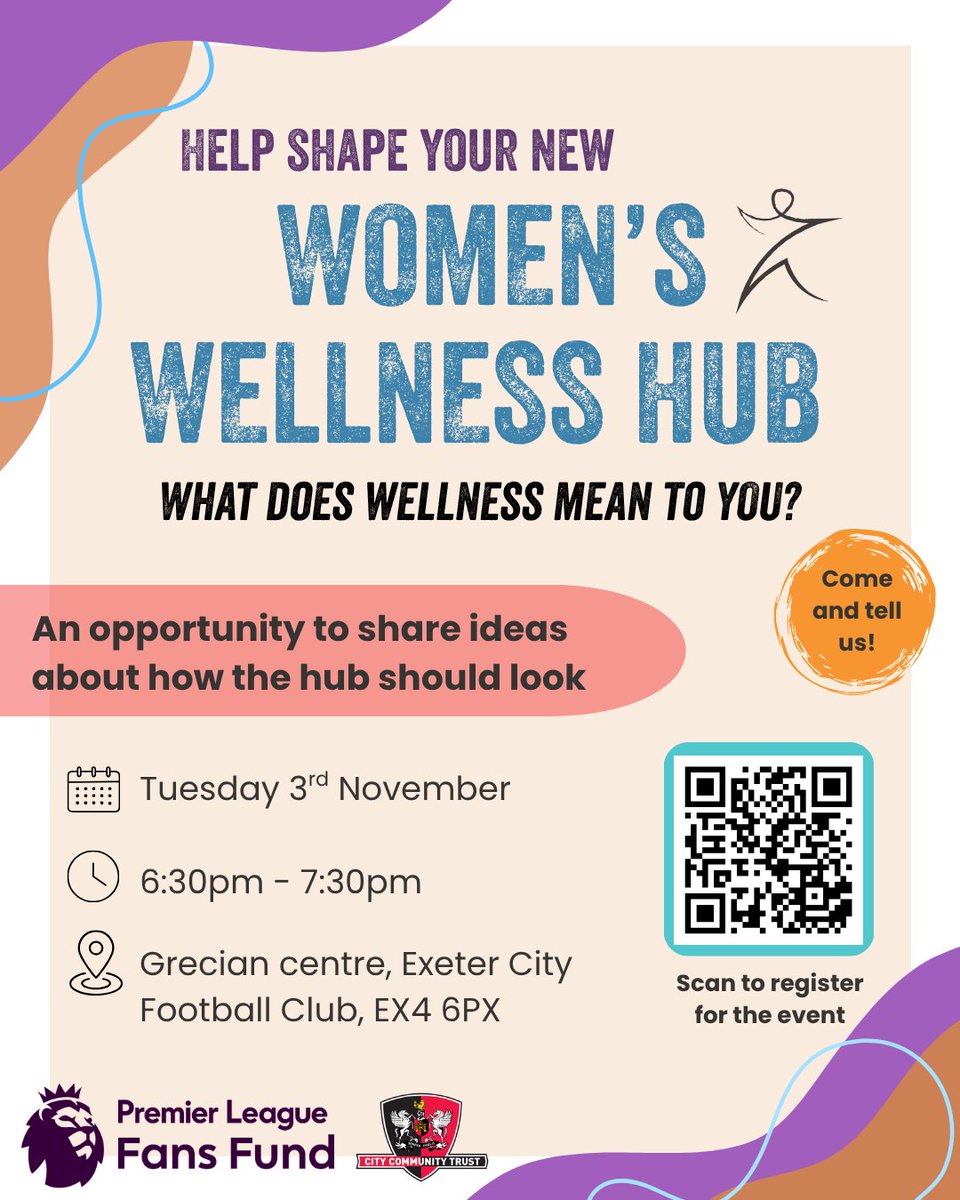 ExeterCCT's tweet photo. 🌸 Help Shape Your New Women's Wellness Hub!

We're developing an exciting new Women's Wellness Hub for Exeter, and we want YOU to help shape it! Join our steering group session to share your ideas, priorities, and vision for what the hub should look like.

📅 Event Details
Date: Tuesday 3rd November
Time: 6:30pm – 7:30pm
Location: Grecian Centre, Exeter City Football Club, EX4 6PX

Whether you're a professional working with women in the community, or simply a community member with ideas to share — this session is for you! 🙌

📲 Register Today: https://t.co/pHQbU4mYXb

📧 Questions? Get in touch at health@ecct.co.uk