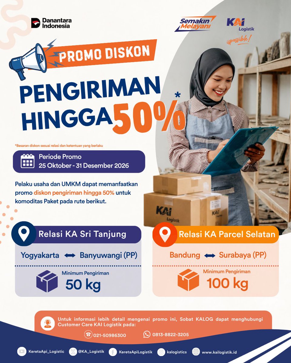 KA_Logistics's tweet photo. Hai Sobat KALOG! Ada goodnews lagi loh!
Promo diskon pengiriman hingga 50%!

Nikmati promo pengiriman komoditas Paket pada rute tertentu selama 25 Oktober–31 Desember 2026.

Cek rute dan ketentuannya, lalu manfaatkan promo ini untuk kebutuhan pengirimanmu.

Yuk! Kirim paket melalui KALOG Express!
