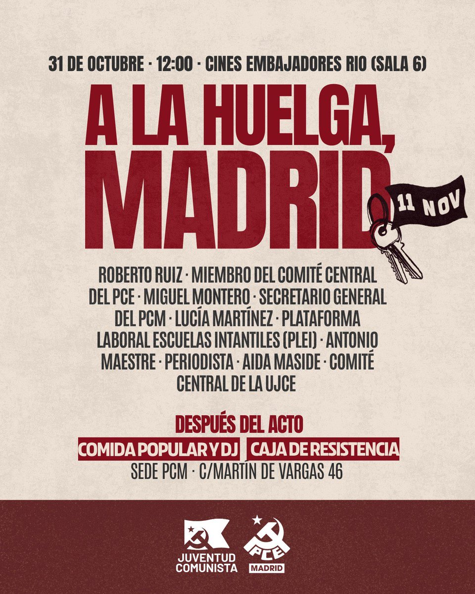 elpcm's tweet photo. 🚩 ¡A la huelga, Madrid!

Sábado 31 de octubre, a las 12H en la sala 6 de los Cines Embajadores Río, acto para impulsar la huelga del 11N

🎧 Después, comida popular y DJ en nuestra sede regional (C/Martín de Vargas, 46), ¡vente y trae a tus amigas, vecinas y compas de curro! 🔥 https://t.co/CbuFaiDJL6