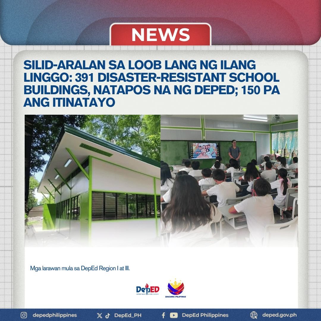 DepEd_PH's tweet photo. Natapos na ng Department of Education (DepEd) ang pagtatayo ng 391 bagong prefabricated school buildings na kayang maitayo sa loob lamang ng ilang linggo sa halip na taon.

Basahin: https://t.co/Liwv9zlEFo

#DepEdPhilippines #BagongPilipinas https://t.co/glIYg7NqXM