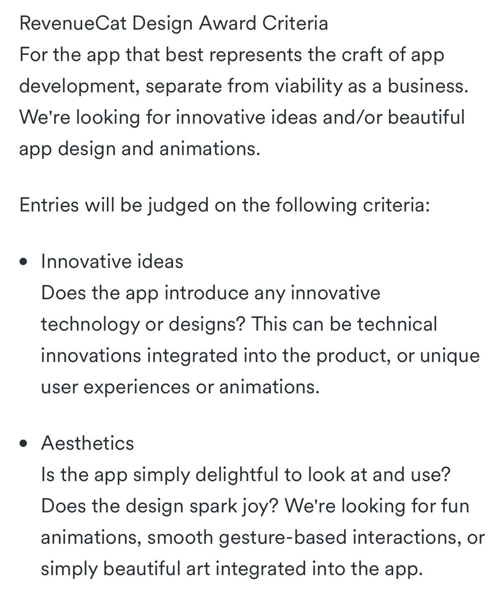PixBuilds's tweet photo. @carlmonkft by your logic an ai slop designed app with good reviews should win a “DESIGN award” over a good designed app with poor reviews?

also, it was CLEARLY stated in the rules that the viability as a business is not a factor, and ONLY criteria are exactly “nice animations and design”. https://t.co/BkD7PYwgPK